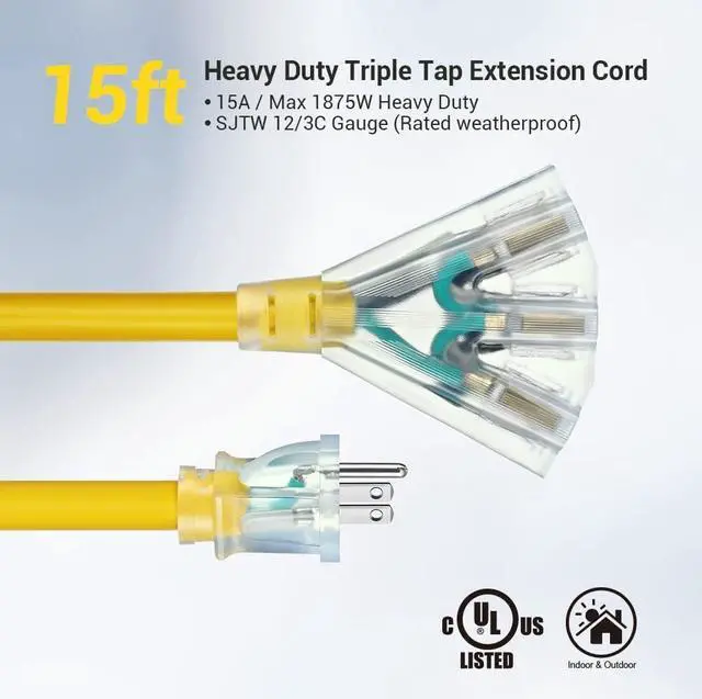 Alt view image 4 of 7 - DEWENWILS 15 FT 12/3 Extension Cord Outdoor Tri-Tap Extension Cord Splitter, Heavy Duty Power Cable SJTW 15 Amp for Multiple Appliances, LED Lighted Plug, ETL Listed