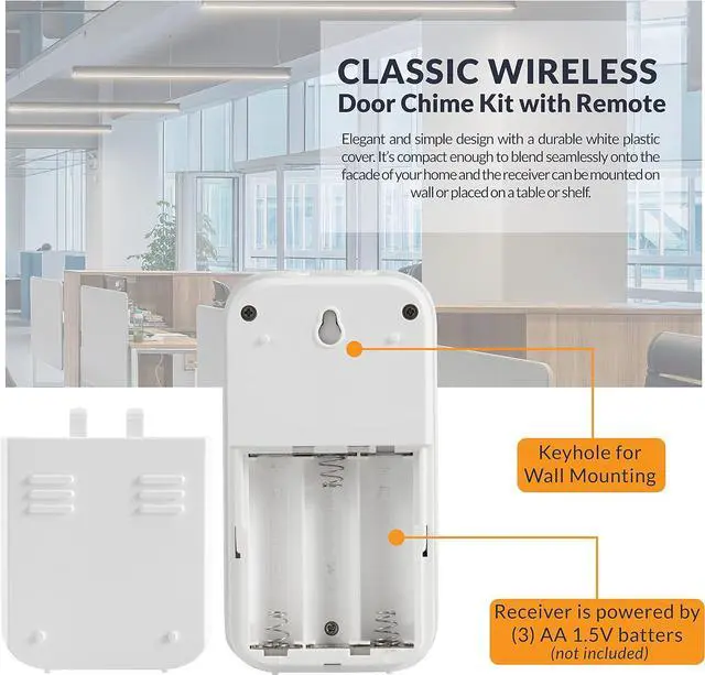 Alt view image 4 of 7 - Newhouse Hardware WCMB White Battery-Powered Wireless Door Chime Kit | Battery-Operated Doorbell Chime | Ring Doorbell for Classroom, Home, and Office | Adjustable Volume and Expanded Chime Selection