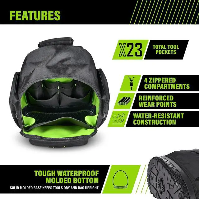 Alt view image 2 of 7 - Extreme Tool Backpack, Heavy-Duty Tool Bag with Padded Shoulder, Back, and Waist Straps, Water-Resistant Construction Black