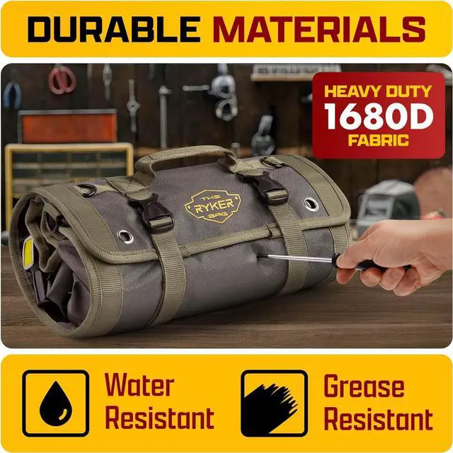 Alt view image 6 of 7 - The Ryker PRO Official Roll Up Tool Bag Organizer Gifts for Dad. Motorcycle Tool Bag Organizer for Mechanic & Tools Storage Toolbag Tools Bags Mens gifts for him - w/4 Detachable Pouches & Wrench Roll