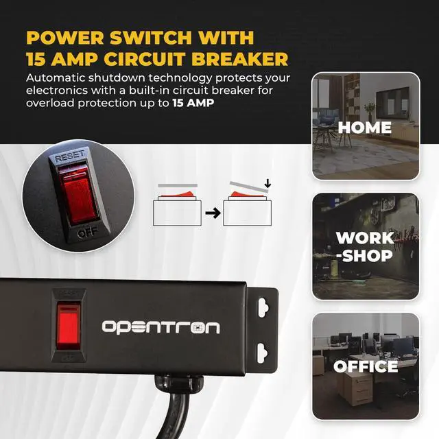 Alt view image 2 of 7 - 6 Outlets 3 Feet Power Cord 2 Feet Body Opentron OT2063 Heavy Duty Metal Surge Protector Power Strip with Mounting Parts - Free End Caps for Shipping Protection Only Black