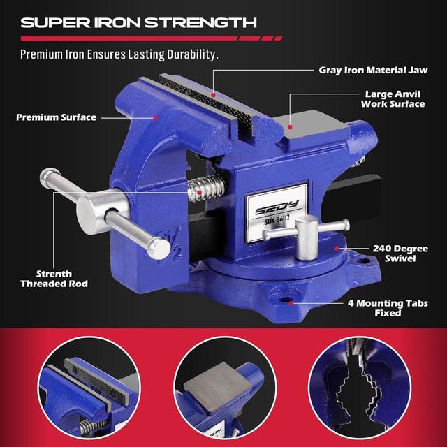Alt view image 3 of 7 - Heavy Duty Bench Vise 4.5 Inch: Table Clamp Woodworking Vice Press Drill Tools Workbench Wood Metal Pipe Work Shop Block Swivel Slide Cross Welding Machine Kit Milling Grip Precision Magnetic Jaw Pad