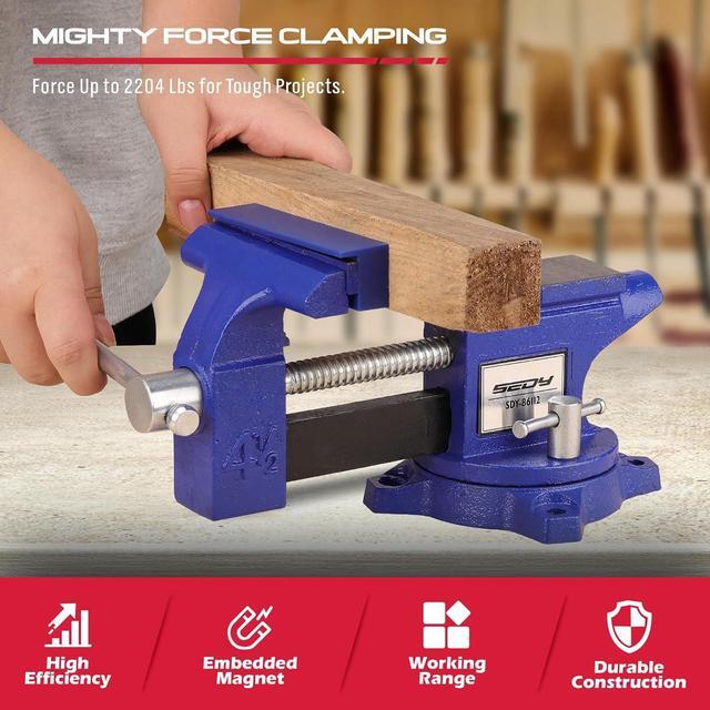 Alt view image 2 of 7 - Heavy Duty Bench Vise 4.5 Inch: Table Clamp Woodworking Vice Press Drill Tools Workbench Wood Metal Pipe Work Shop Block Swivel Slide Cross Welding Machine Kit Milling Grip Precision Magnetic Jaw Pad
