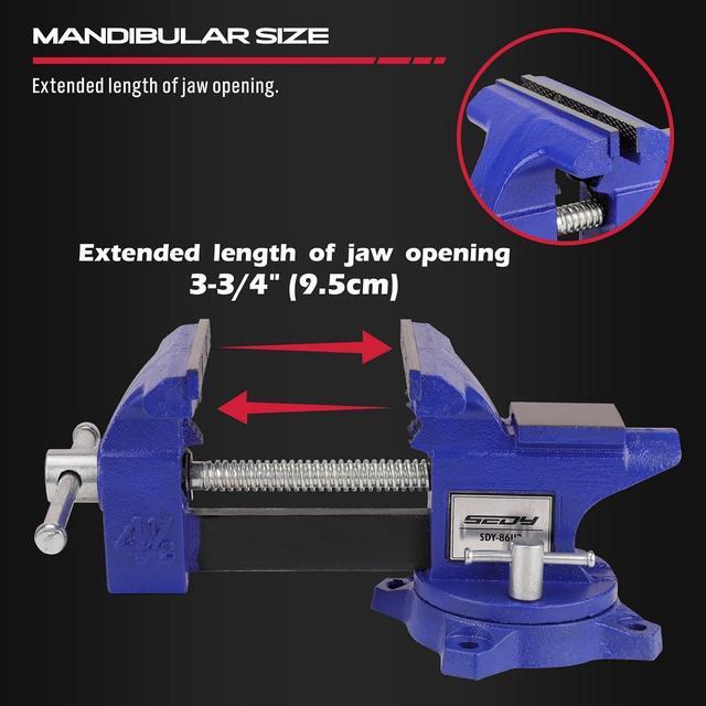 Alt view image 7 of 7 - Heavy Duty Bench Vise 4.5 Inch: Table Clamp Woodworking Vice Press Drill Tools Workbench Wood Metal Pipe Work Shop Block Swivel Slide Cross Welding Machine Kit Milling Grip Precision Magnetic Jaw Pad