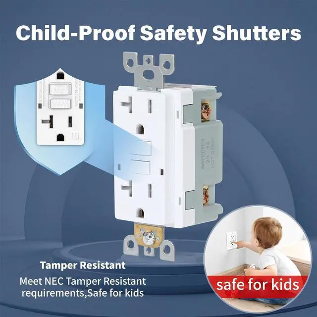 Alt view image 2 of 7 - OMEENET 20 Amp GFCI Outlet, Tamper Resistant, Self Test GFI Receptacle with 2 LED Indicator, 20Amp Ground Fault Circuit Interrupter Outlet for Kitchen, Bathroom,Indoor Use, UL Listed, White (2 Pack)