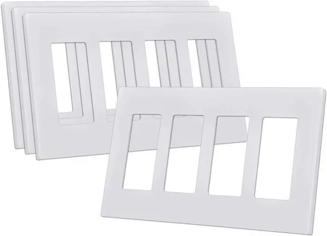 Main image of CML 4-Gang Screwless Decorator Wall Plate, White Outlet Covers, 4 Pack Hidden Wall Safe Switch Plate, Standard Size 4.68X 8.34, Impact Resistant
