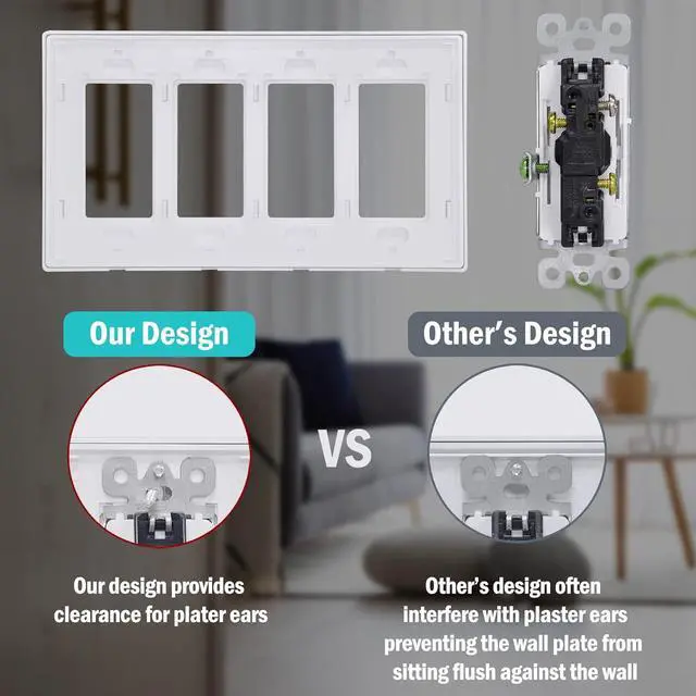 Alt view image 2 of 7 - CML 4-Gang Screwless Decorator Wall Plate, White Outlet Covers, 4 Pack Hidden Wall Safe Switch Plate, Standard Size 4.68X 8.34, Impact Resistant