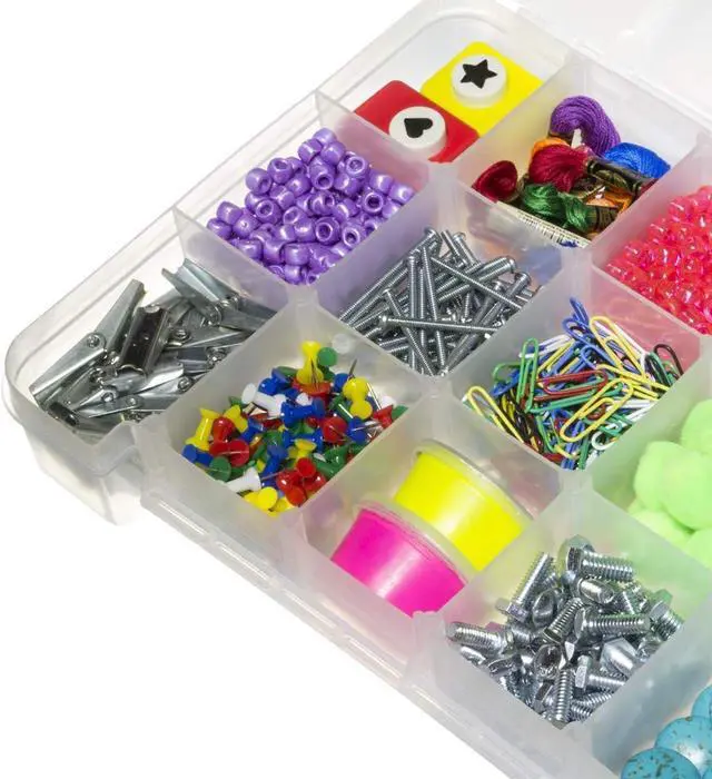 Alt view image 2 of 7 - Akro-Mils 05905 Plastic Portable Parts Storage Case for Hardware and Crafts with Hinged Lid and 5 Adjustable Dividers, (14-3/8-Inch x 9-1/2-Inch x 2-1/2-Inch), Large, Clear
