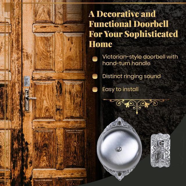 Alt view image 3 of 7 - A29 Decorative Mechanical Doorbell - Old Fashioned Twist Door Bell with Manual Hand Turn Chime - Vintage Solid Brass Doorbell in Satin Nickel Finish - Non-Electric, Wireless Victorian Doorbell