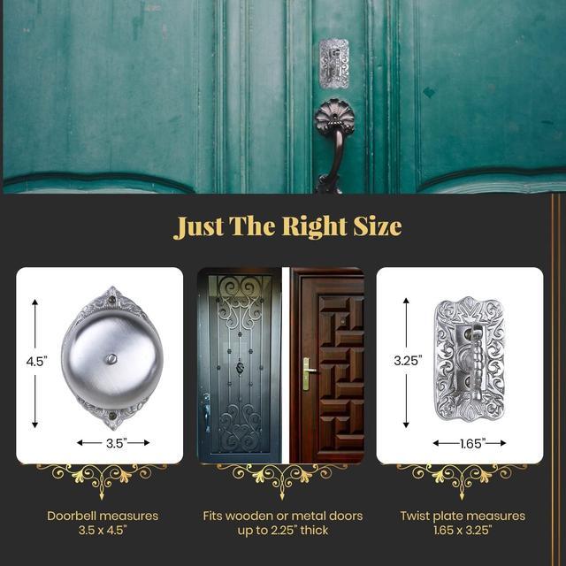Alt view image 5 of 7 - A29 Decorative Mechanical Doorbell - Old Fashioned Twist Door Bell with Manual Hand Turn Chime - Vintage Solid Brass Doorbell in Satin Nickel Finish - Non-Electric, Wireless Victorian Doorbell