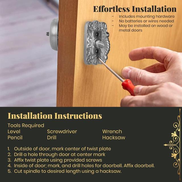 Alt view image 6 of 7 - A29 Decorative Mechanical Doorbell - Old Fashioned Twist Door Bell with Manual Hand Turn Chime - Vintage Solid Brass Doorbell in Satin Nickel Finish - Non-Electric, Wireless Victorian Doorbell