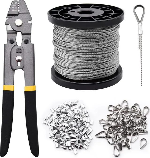 Main image of 328ft Wire Rope Crimping Tool Kit, Stainless Steel Wire Rope Cable with Aluminum Crimping Sleeves and Stainless Steel Thimbles for Railing, Decking, Picture Hanging (328ft)