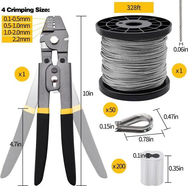 Alt view image 2 of 7 - 328ft Wire Rope Crimping Tool Kit, Stainless Steel Wire Rope Cable with Aluminum Crimping Sleeves and Stainless Steel Thimbles for Railing, Decking, Picture Hanging (328ft)