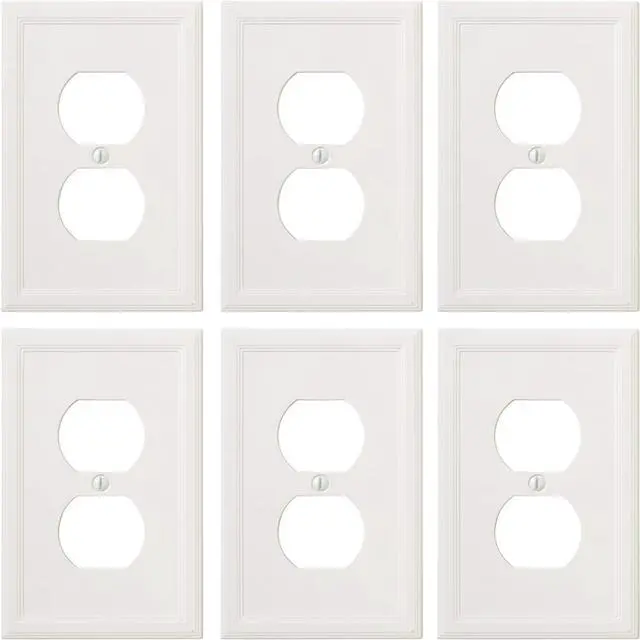 Main image of Questech Decor Single Duplex Insulated Electrical Outlet Covers Wall Plate, 1-Gang Single Switch Plate Standard Size Receptacle Cover, Decorative Architectural Cornice, White, 6 Pack
