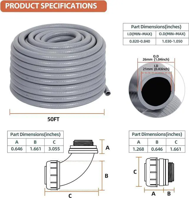 Alt view image 2 of 7 - Neorexon Liquid-Tight Conduit 3/4 50ft, Electrical Conduit with Connector Kit, Flexible Conduit with 5 Straight and 5 90-Degree Conduit Connector Fittings