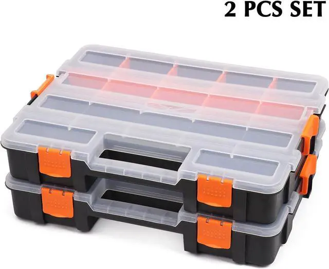 Alt view image 2 of 7 - EMENTOL 2PCS Toolbox Organizer Sets, 20 Removable Dividers, Durable Plastic Box, Excellent for Screws, Nuts, Small Parts, 34-Compartment, Black/Orange, 2 Pieces Set