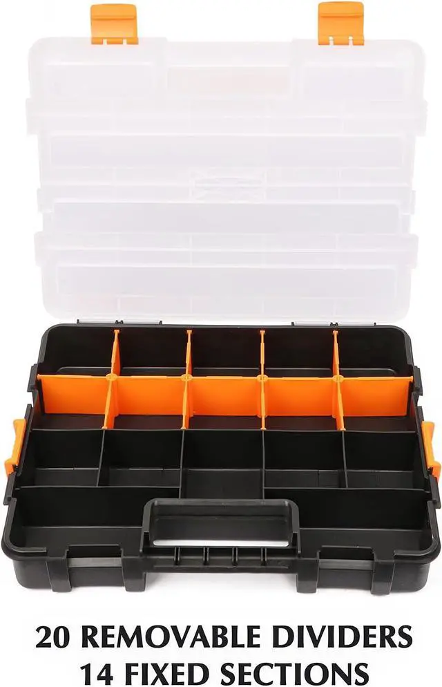 Alt view image 4 of 7 - EMENTOL 2PCS Toolbox Organizer Sets, 20 Removable Dividers, Durable Plastic Box, Excellent for Screws, Nuts, Small Parts, 34-Compartment, Black/Orange, 2 Pieces Set