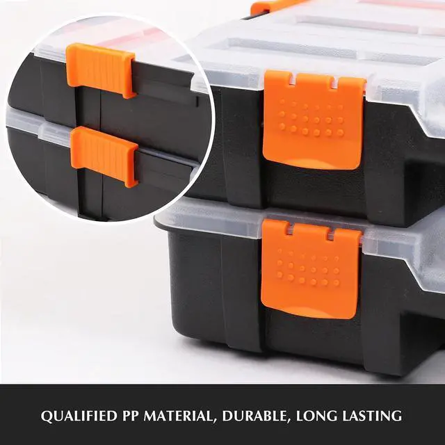 Alt view image 5 of 7 - EMENTOL 2PCS Toolbox Organizer Sets, 20 Removable Dividers, Durable Plastic Box, Excellent for Screws, Nuts, Small Parts, 34-Compartment, Black/Orange, 2 Pieces Set