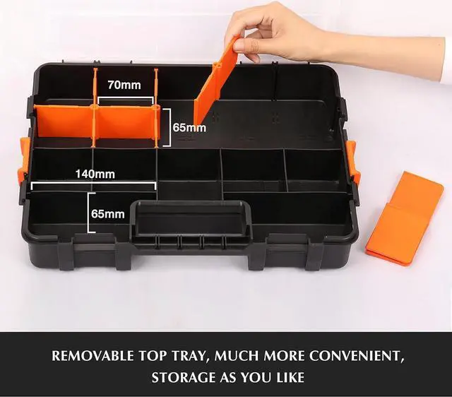 Alt view image 6 of 7 - EMENTOL 2PCS Toolbox Organizer Sets, 20 Removable Dividers, Durable Plastic Box, Excellent for Screws, Nuts, Small Parts, 34-Compartment, Black/Orange, 2 Pieces Set