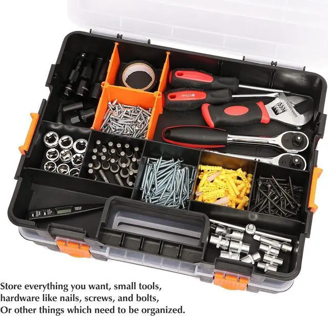 Alt view image 7 of 7 - EMENTOL 2PCS Toolbox Organizer Sets, 20 Removable Dividers, Durable Plastic Box, Excellent for Screws, Nuts, Small Parts, 34-Compartment, Black/Orange, 2 Pieces Set