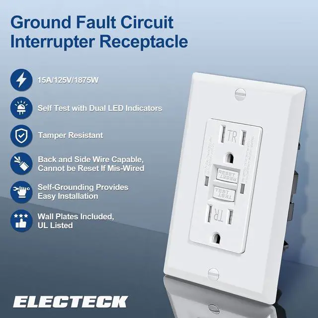 Alt view image 2 of 7 - 20 Pack GFCI Outlets 15 Amp, Tamper Resistant (TR), Self-Test GFI Receptacles with LED Indicator, Ground Fault Circuit Interrupter, Decor Wallplate Included, UL Listed, White