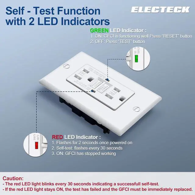 Alt view image 5 of 7 - 20 Pack GFCI Outlets 15 Amp, Tamper Resistant (TR), Self-Test GFI Receptacles with LED Indicator, Ground Fault Circuit Interrupter, Decor Wallplate Included, UL Listed, White