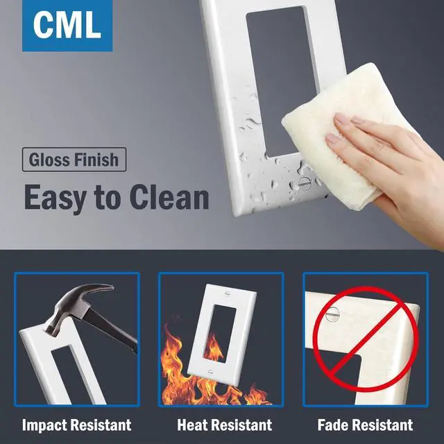 Alt view image 3 of 7 - CML Mid-Size Decorator Wall Plates, 20 Pack Electrical Outlet Receptacle Covers, 1-Gang Switch Plates, Midway Size 3.18 x 5, Impact Resistant, Gloss Finish, White