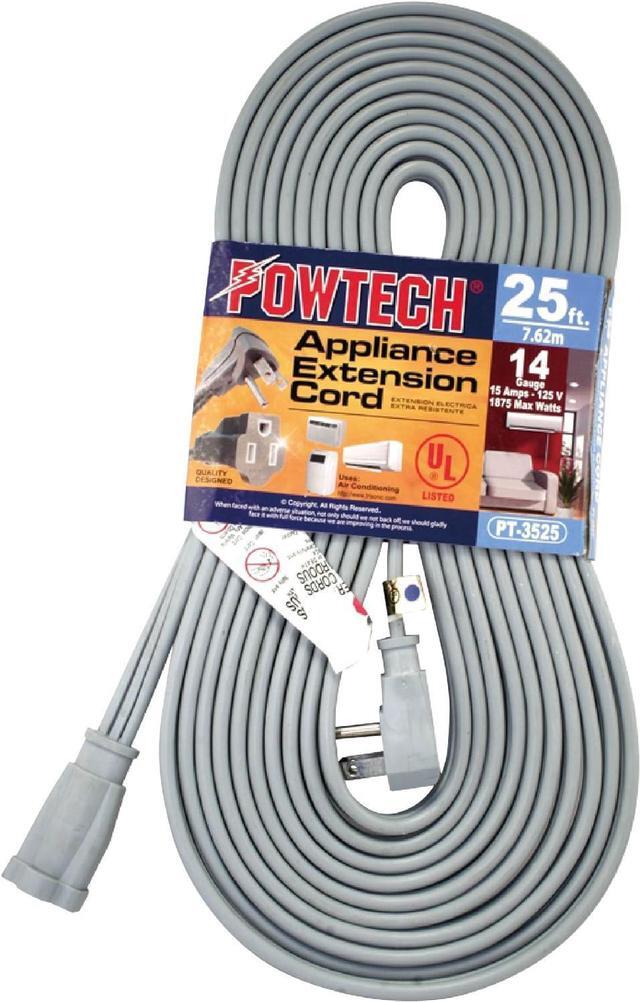 Main image of POWTECH Heavy Duty 25 FT Air Conditioner and Major Appliance Extension Cord UL Listed 14 Gauge, 125V, 15 Amps, 1875 Watts Grounded 3-PRONGED Cord