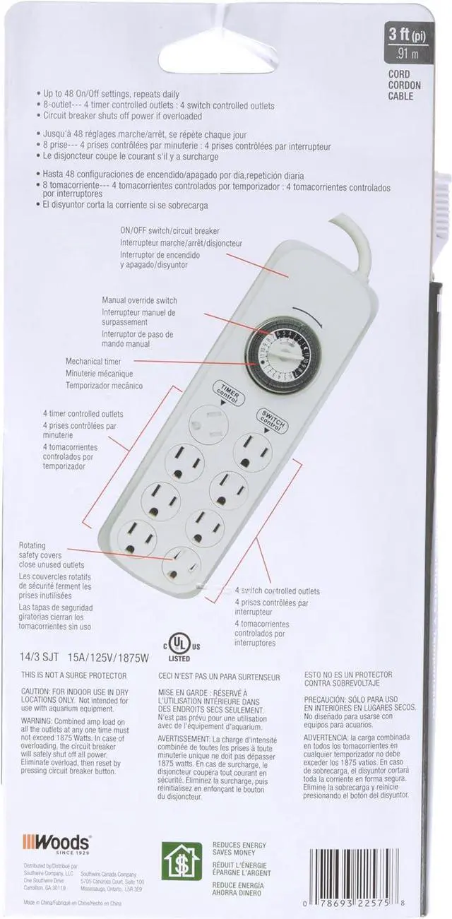 Alt view image 2 of 3 - Southwire Woods Indoor 8-Outlet Power Strip Timer - Power Strip with Built-In Mechanical Timer - Programmable Outlet Strip - Grounded Outlets - Daily Power Control - White