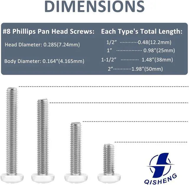 Alt view image 2 of 7 - QISHENG 100 PCS White Head #8-32X2 Stainless Steel Phillips Pan Head Machine Screws,DIY,Repair,Install Furniture and Electrical Appliances Screws,Stainless Steel 18-8 A2(304) Screw