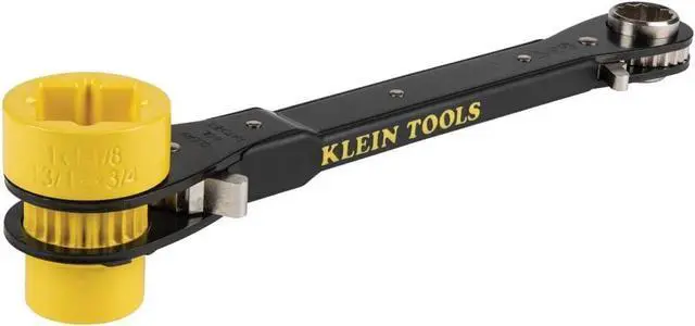 Main image of Klein Tools KT155HD Heavy-Duty 6-In-1 Lineman's Ratcheting Wrench with Bolt Through Design and Bright Yellow Socket