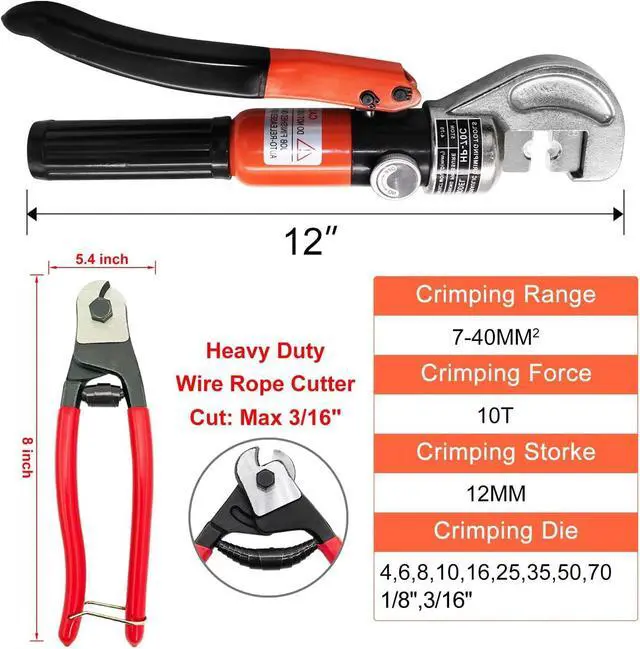 Alt view image 2 of 7 - CKE Upgraded Hydraulic Cable Crimper Hand Tool for 1/8, 3/16 Stainless Steel Cable Railing Fittings - Wire Swaging Tool-10 Ton and Stainless Steel Cable Cutter - Heavy Duty Head with 11 Dies HC05