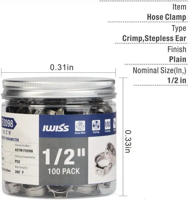 Alt view image 2 of 6 - iCrimp 1/2-inch PEX Stainless Steel Clamp Cinch Rings,Crimp Pinch Fitting Tools-100pcs Packed