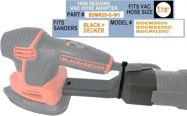 Alt view image 3 of 5 - Vacuum Hose Adapter compatible with BLACK+DECKER MOUSE 1.2 Amp Electric Detail Sander (or any brand 2-1/2'' hose), BDEMS600 Dust Reducer, by 1058 Designs, Grey,