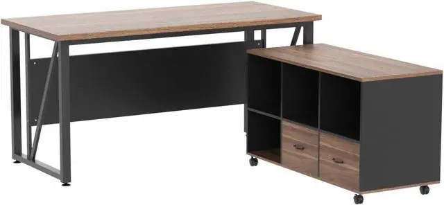 Alt view image 4 of 7 - Tribesigns 55 inches Executive Desk and 43" lateral File Cabinet, L-Shaped Computer Desk Home Office Furniture with Drawers and Storage Shelves, Office Table with Cabinet (Walnut, 55)