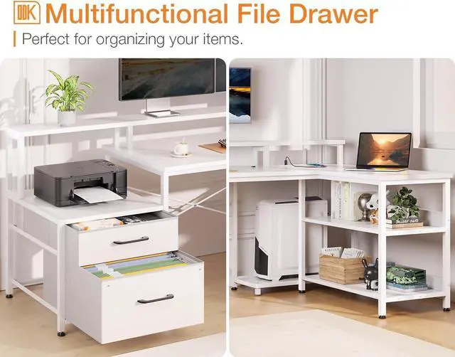 Alt view image 4 of 7 - L Shaped Desk with File Drawer, 75" Reversible L Shaped Computer Desk with Power Outlet & LED Strip, Home Office Desk with Storage Shelves, Gaming Desk with Monitor Shelf, Corner Desk, White