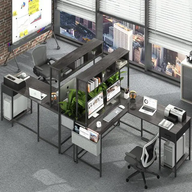 Alt view image 4 of 7 - Yoobure L Shaped Desk Gaming Desk with LED Strip & Power Outlet, Reversible L-Shaped Computer Desk with Storage Shelf & Drawer, Corner Desk with Storage Bag, 2 Person Home Office Desk, Gray
