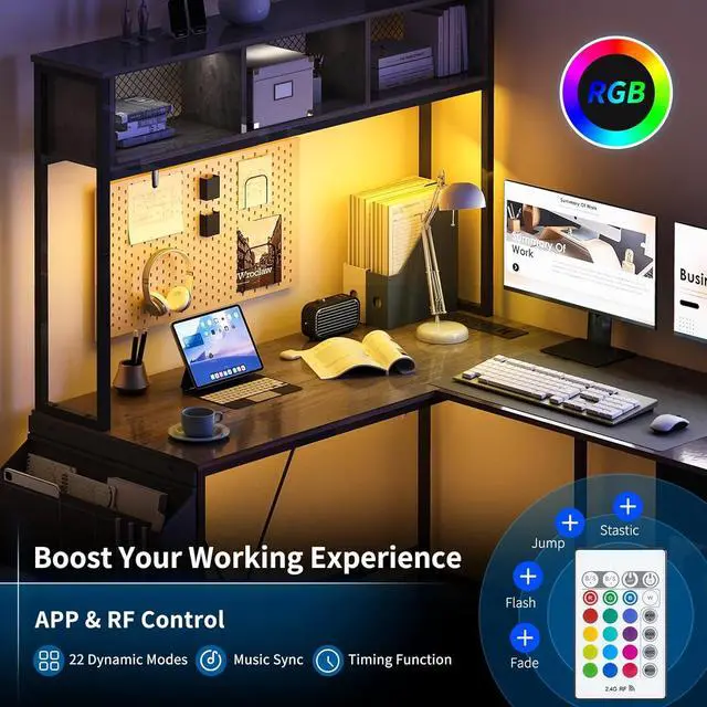 Alt view image 5 of 7 - Yoobure L Shaped Desk Gaming Desk with LED Strip & Power Outlet, Reversible L-Shaped Computer Desk with Storage Shelf & Drawer, Corner Desk with Storage Bag, 2 Person Home Office Desk, Gray