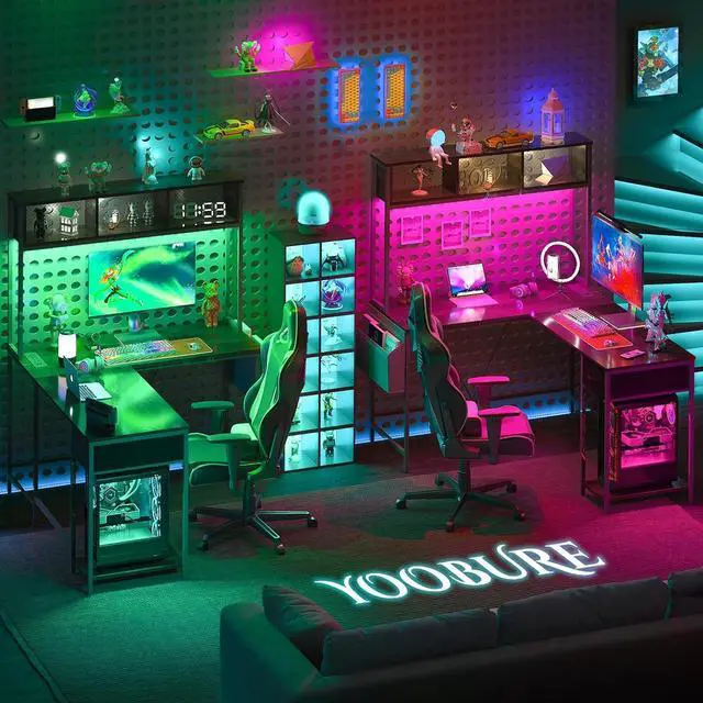 Alt view image 6 of 7 - Yoobure L Shaped Desk Gaming Desk with LED Strip & Power Outlet, Reversible L-Shaped Computer Desk with Storage Shelf & Drawer, Corner Desk with Storage Bag, 2 Person Home Office Desk, Gray
