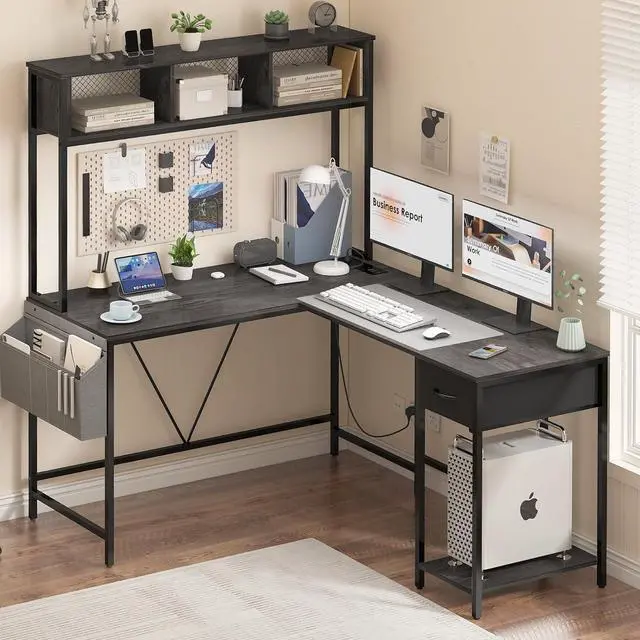Alt view image 7 of 7 - Yoobure L Shaped Desk Gaming Desk with LED Strip & Power Outlet, Reversible L-Shaped Computer Desk with Storage Shelf & Drawer, Corner Desk with Storage Bag, 2 Person Home Office Desk, Gray