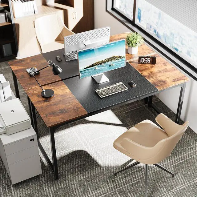 Alt view image 2 of 7 - Huuger Computer Desk, 63 Inch Office Desk, Gaming Desk with Storage, Writing Desk Work Desk for Home Office, Study, Modern Simple Desk, Large Legroom, Metal Frame, Rustic Brown and Black