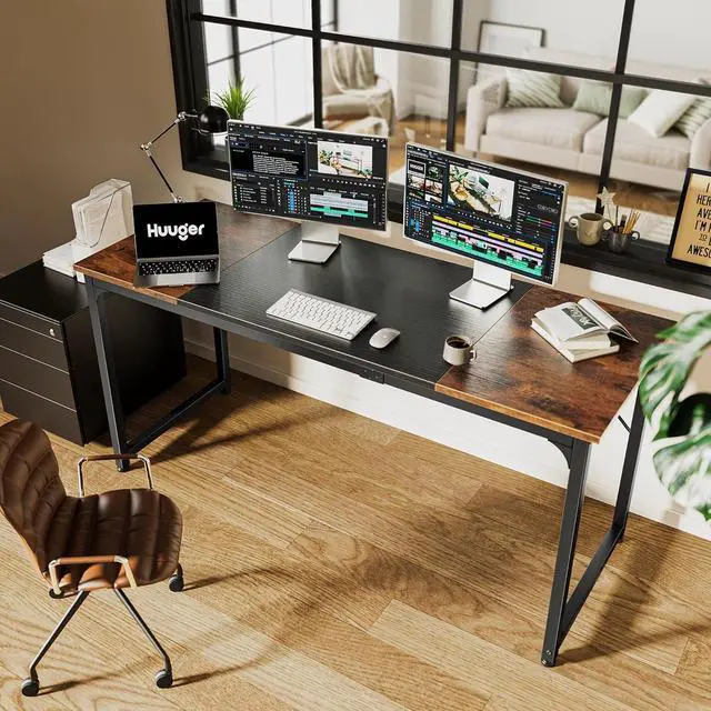 Alt view image 6 of 7 - Huuger Computer Desk, 63 Inch Office Desk, Gaming Desk with Storage, Writing Desk Work Desk for Home Office, Study, Modern Simple Desk, Large Legroom, Metal Frame, Rustic Brown and Black