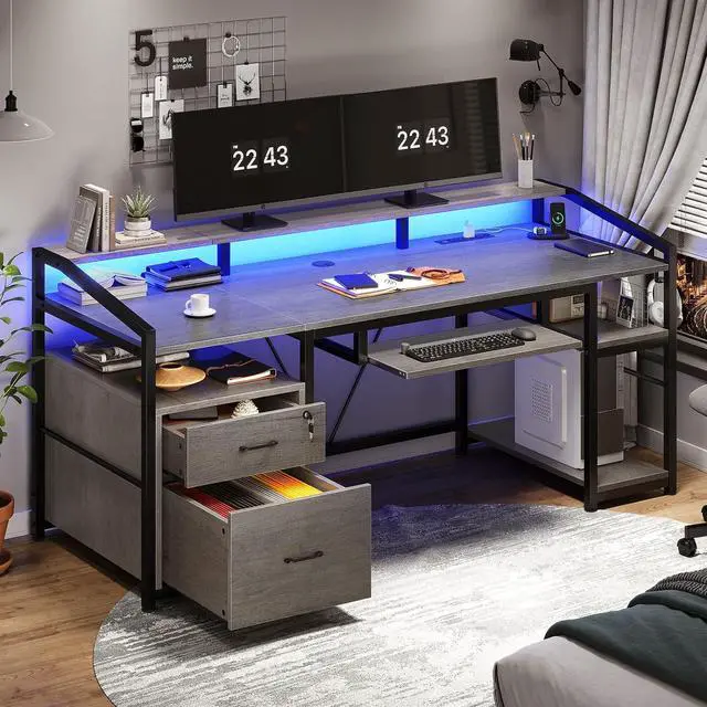 Main image of SEDETA 63" Computer Desk, Office Desk with Lockable Drawers for Legal/Letter File, Gaming Desk with LED Lights & Power Outlet, Home Office Desks with Storage, Grey