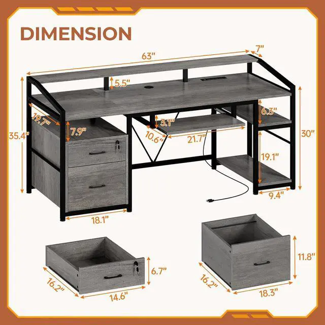 Alt view image 2 of 7 - SEDETA 63" Computer Desk, Office Desk with Lockable Drawers for Legal/Letter File, Gaming Desk with LED Lights & Power Outlet, Home Office Desks with Storage, Grey
