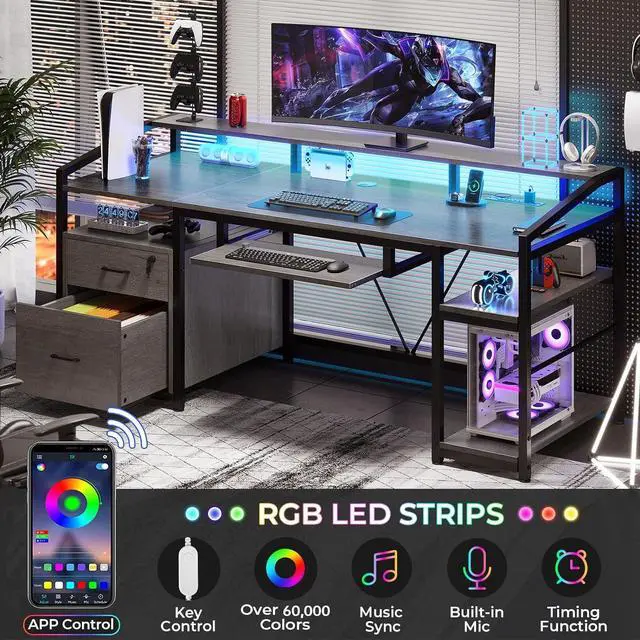 Alt view image 4 of 7 - SEDETA 63" Computer Desk, Office Desk with Lockable Drawers for Legal/Letter File, Gaming Desk with LED Lights & Power Outlet, Home Office Desks with Storage, Grey