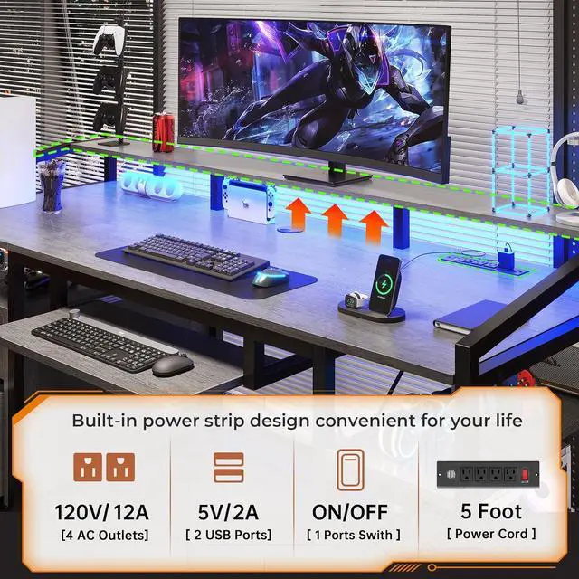 Alt view image 5 of 7 - SEDETA 63" Computer Desk, Office Desk with Lockable Drawers for Legal/Letter File, Gaming Desk with LED Lights & Power Outlet, Home Office Desks with Storage, Grey