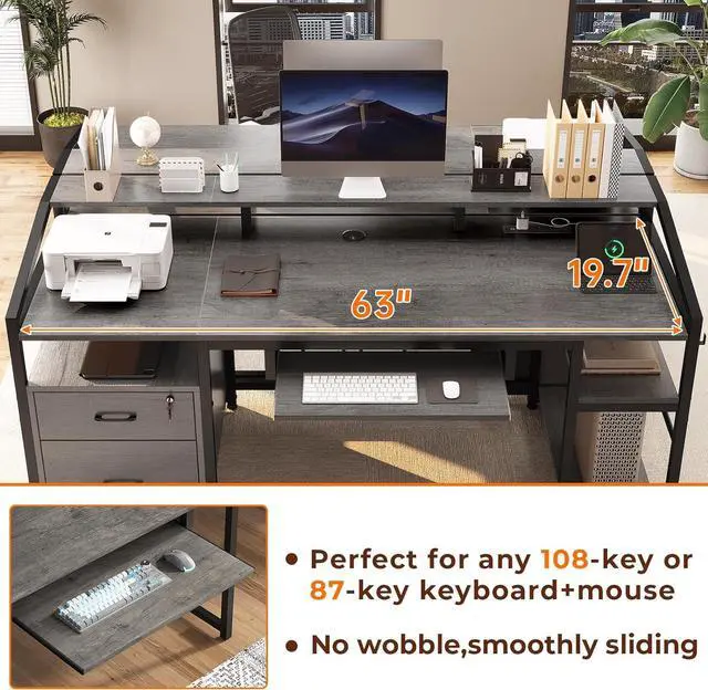 Alt view image 6 of 7 - SEDETA 63" Computer Desk, Office Desk with Lockable Drawers for Legal/Letter File, Gaming Desk with LED Lights & Power Outlet, Home Office Desks with Storage, Grey