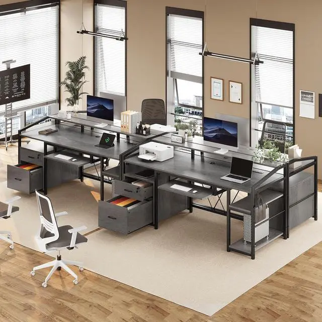 Alt view image 7 of 7 - SEDETA 63" Computer Desk, Office Desk with Lockable Drawers for Legal/Letter File, Gaming Desk with LED Lights & Power Outlet, Home Office Desks with Storage, Grey