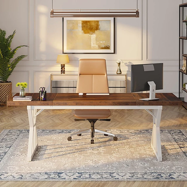 Alt view image 3 of 7 - Tribesigns 70.8-Inch Executive Desk, Large Computer Office Desk Workstation, Modern Simple Style Laptop Desk Study Writing Table Business Furniture for Home Office (Brown/White, 70.8 Inch)
