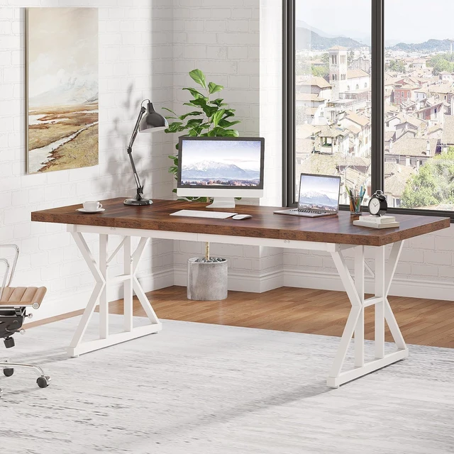 Alt view image 4 of 7 - Tribesigns 70.8-Inch Executive Desk, Large Computer Office Desk Workstation, Modern Simple Style Laptop Desk Study Writing Table Business Furniture for Home Office (Brown/White, 70.8 Inch)